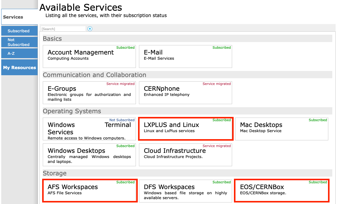 screenshot of services