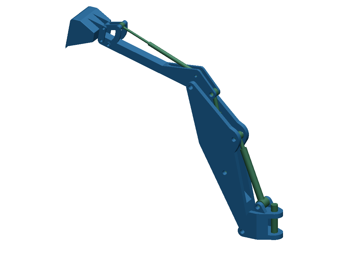 The same model with the full cascade: hydraulic rams and pins in green for CSG, machined bodies in blue for exact surfaces.