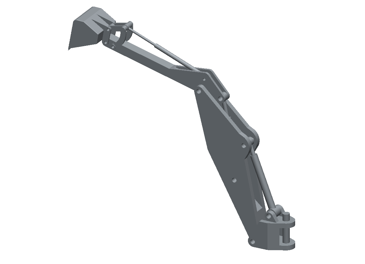 A shaded render of the converted excavator arm: bucket, stick, boom and hydraulic rams, seen from above and to the side.